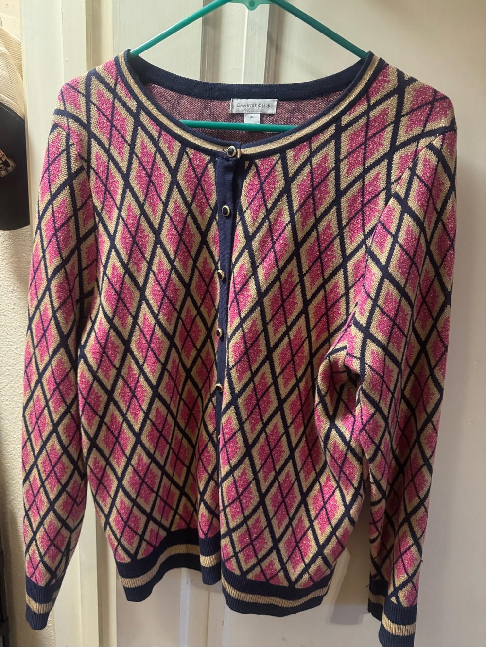 Charter Club Pink and Navy Argyle Button-Front Cardigan